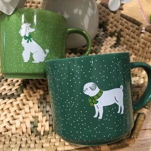 Set of two dog mugs. Holiday Christmas mugs from ELUM. Green poodle pug